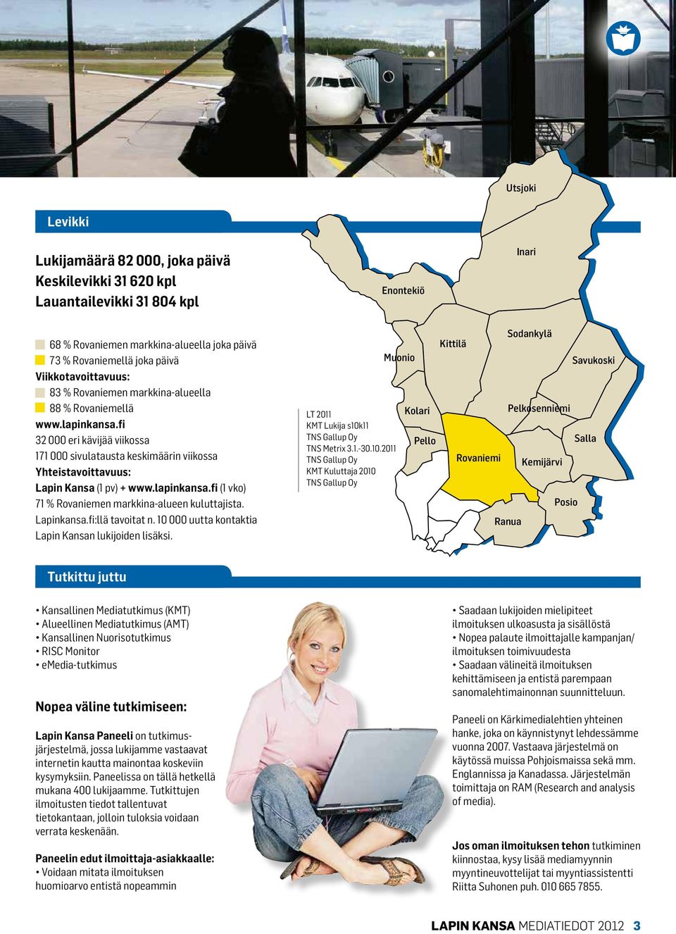fi 32 000 eri kävijää viikossa 171 000 sivulatausta keskimäärin viikossa Yhteistavoittavuus: Lapin Kansa (1 pv) + www.lapinkansa.fi (1 vko) 71 % Rovaniemen markkina-alueen kuluttajista. Lapinkansa.