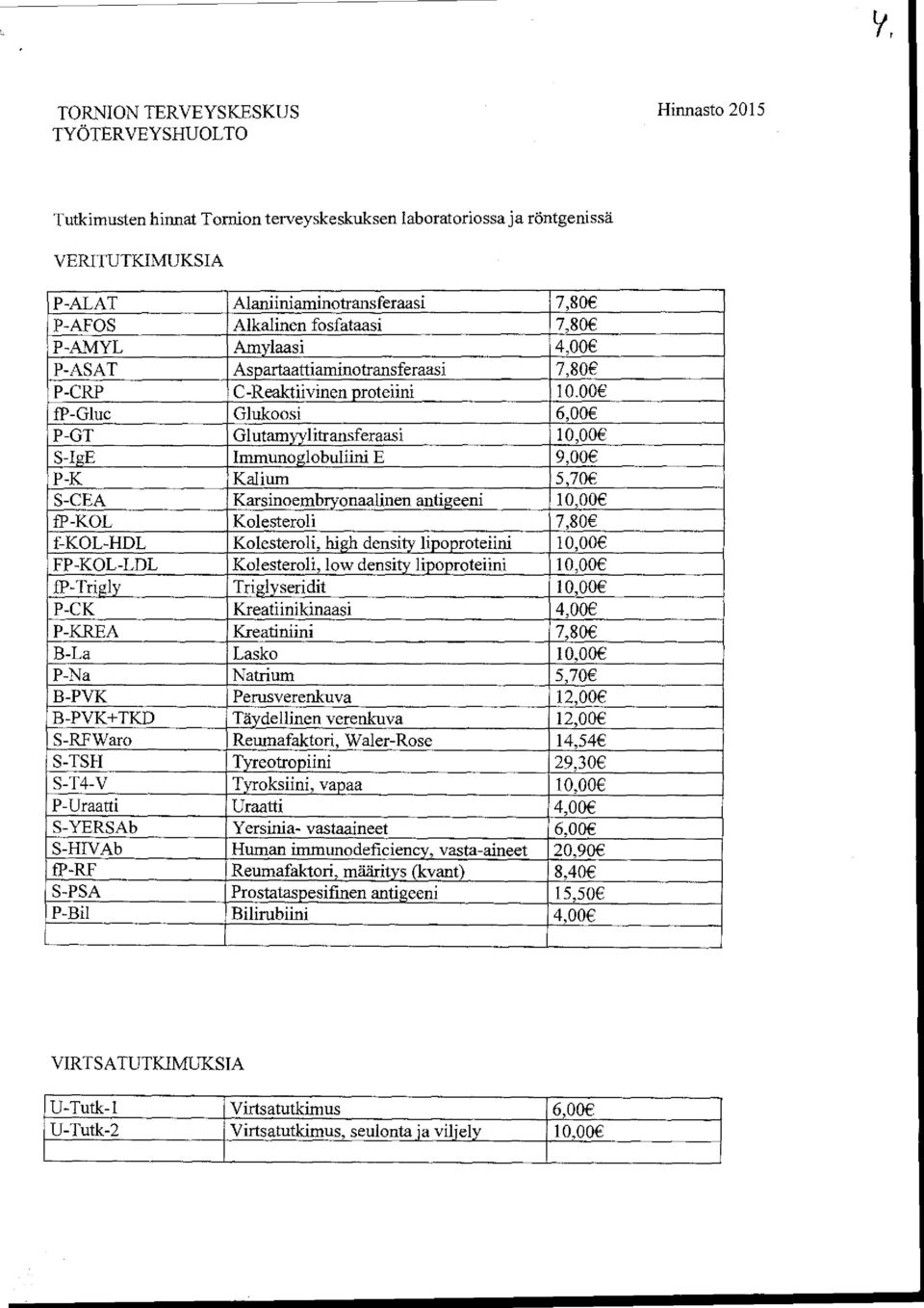 onaalinen antigeeni fp-kol Kolesteroli f-kol-hdl Kolesteroli, hi h densi li o roteiini FP-KOL-LDL Kolesteroli, low densi li o roteiini fp-tri I Tri 1 seridit P-CK Kreatiinikinaasi 4,0Ø P-KREA