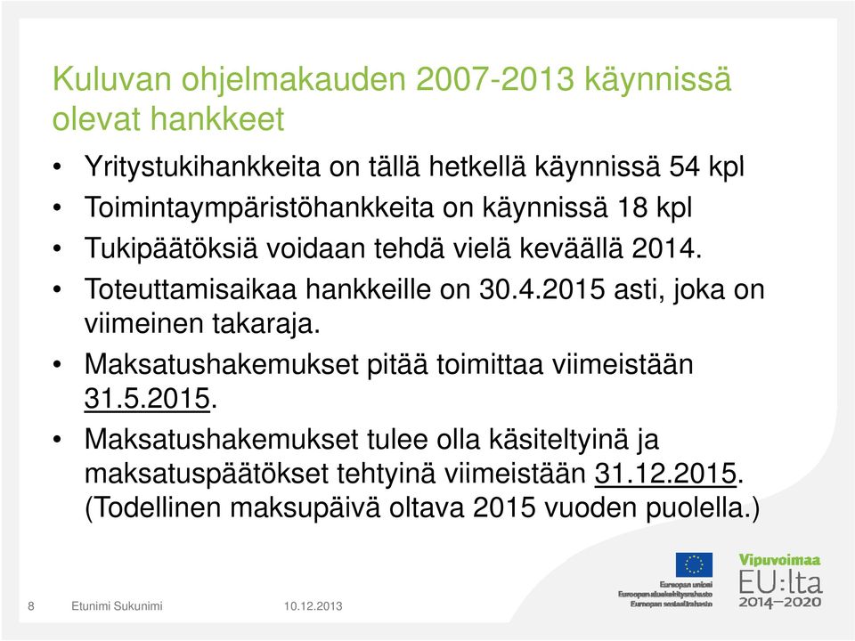 Toteuttamisaikaa hankkeille on 30.4.2015 asti, joka on viimeinen takaraja. Maksatushakemukset pitää toimittaa viimeistään 31.