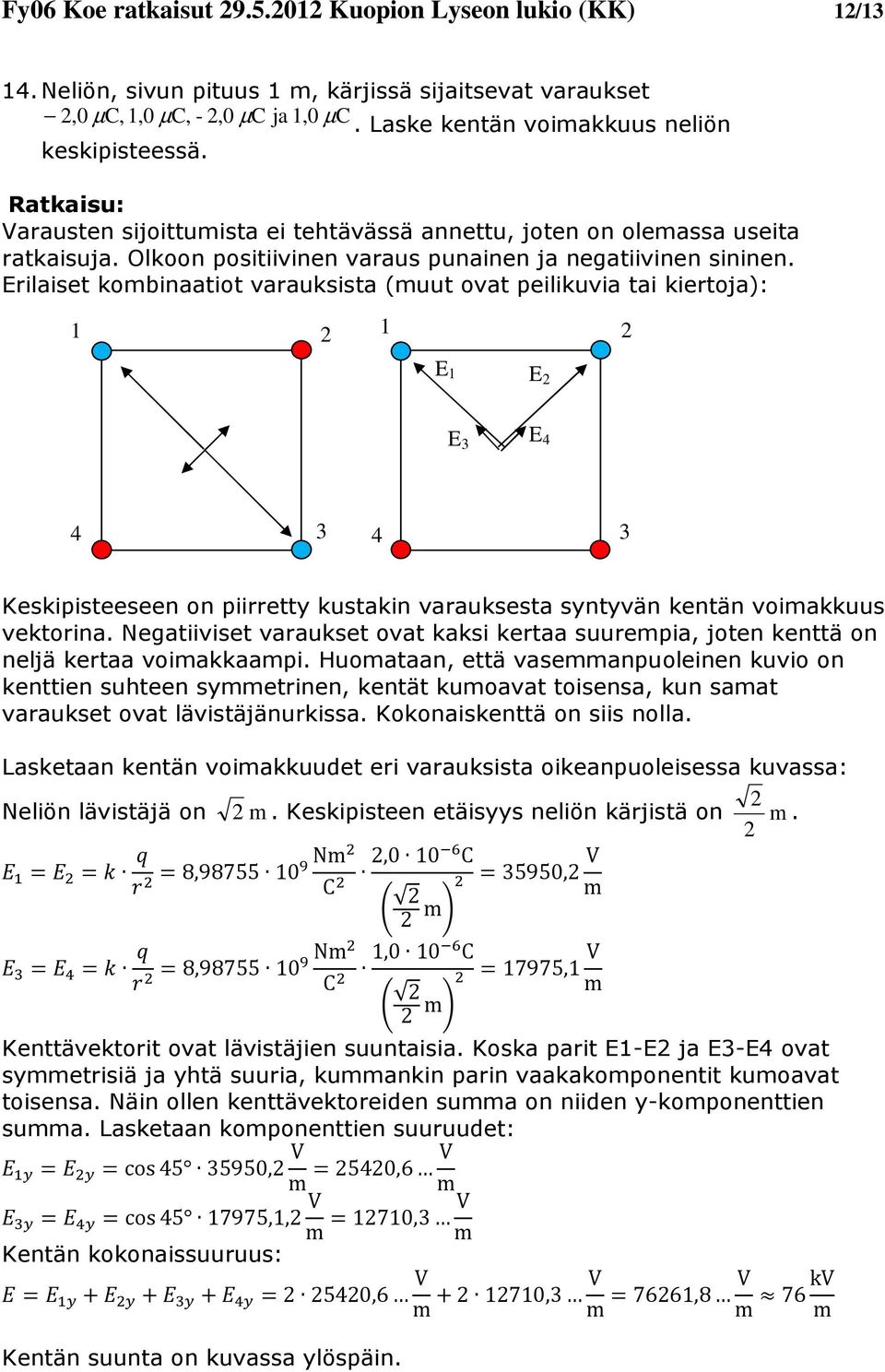 Erilaiset kombinaatiot varauksista (muut ovat peilikuvia tai kiertoja): E E E 3 E 4 4 3 4 3 Keskipisteeseen on piirretty kustakin varauksesta syntyvän kentän voimakkuus vektorina.