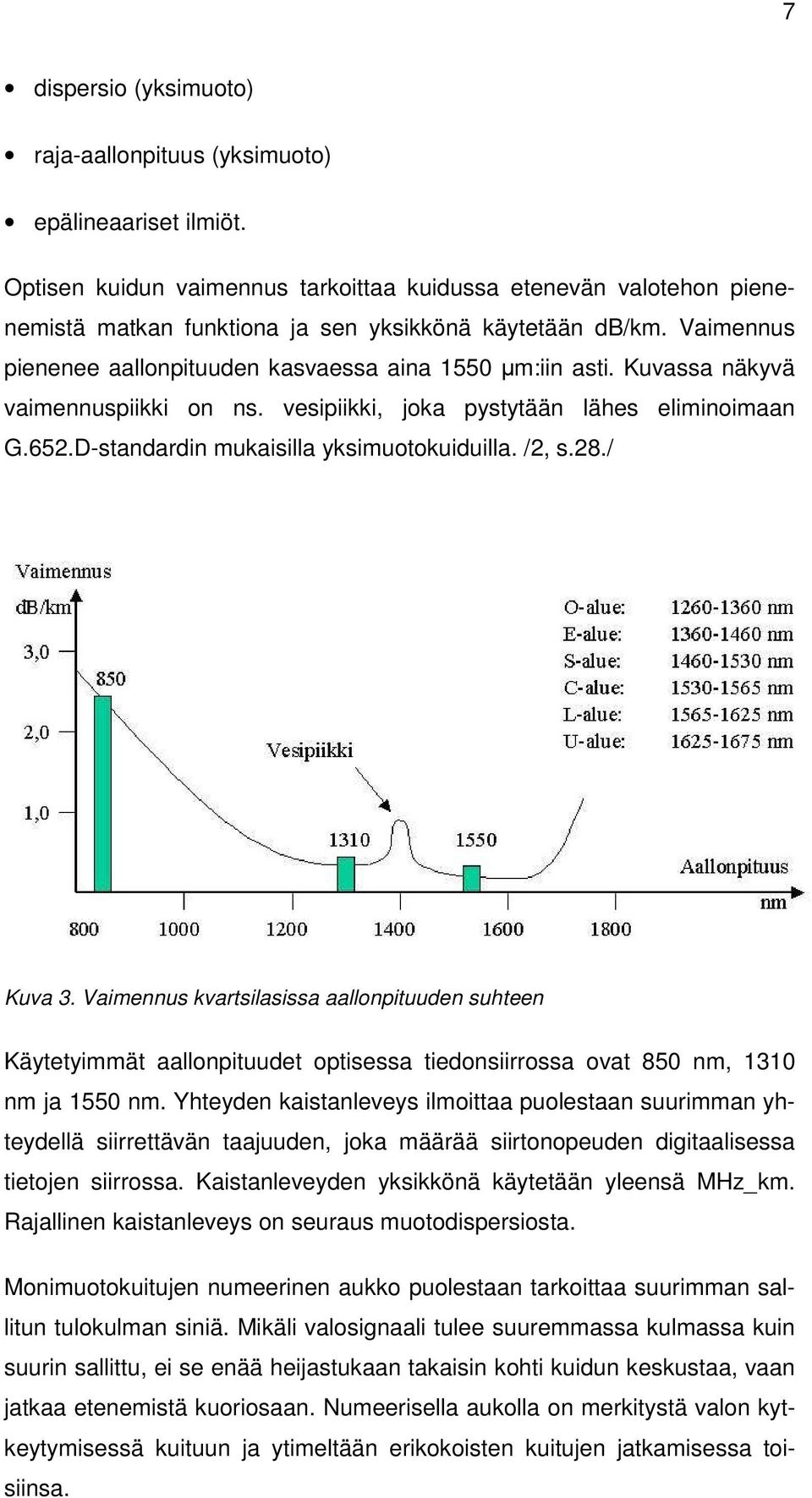 Kuvassa näkyvä vaimennuspiikki on ns. vesipiikki, joka pystytään lähes eliminoimaan G.652.D-standardin mukaisilla yksimuotokuiduilla. /2, s.28./ Kuva 3.