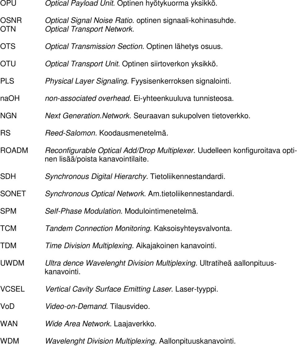 non-associated overhead. Ei-yhteenkuuluva tunnisteosa. Next Generation.Network. Seuraavan sukupolven tietoverkko. Reed-Salomon. Koodausmenetelmä. Reconfigurable Optical Add/Drop Multiplexer.