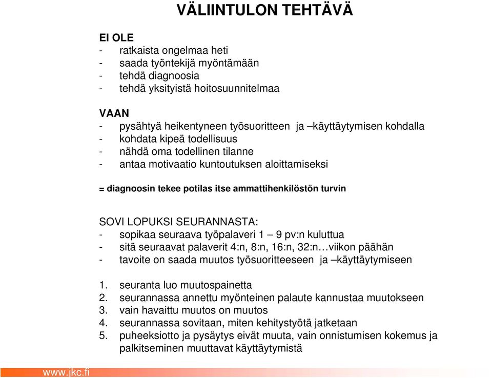 käyttäytymisen kohdalla - kohdata kipeä todellisuus - nähdä oma todellinen tilanne - antaa motivaatio kuntoutuksen aloittamiseksi = diagnoosin tekee potilas itse ammattihenkilöstön turvin SOVI
