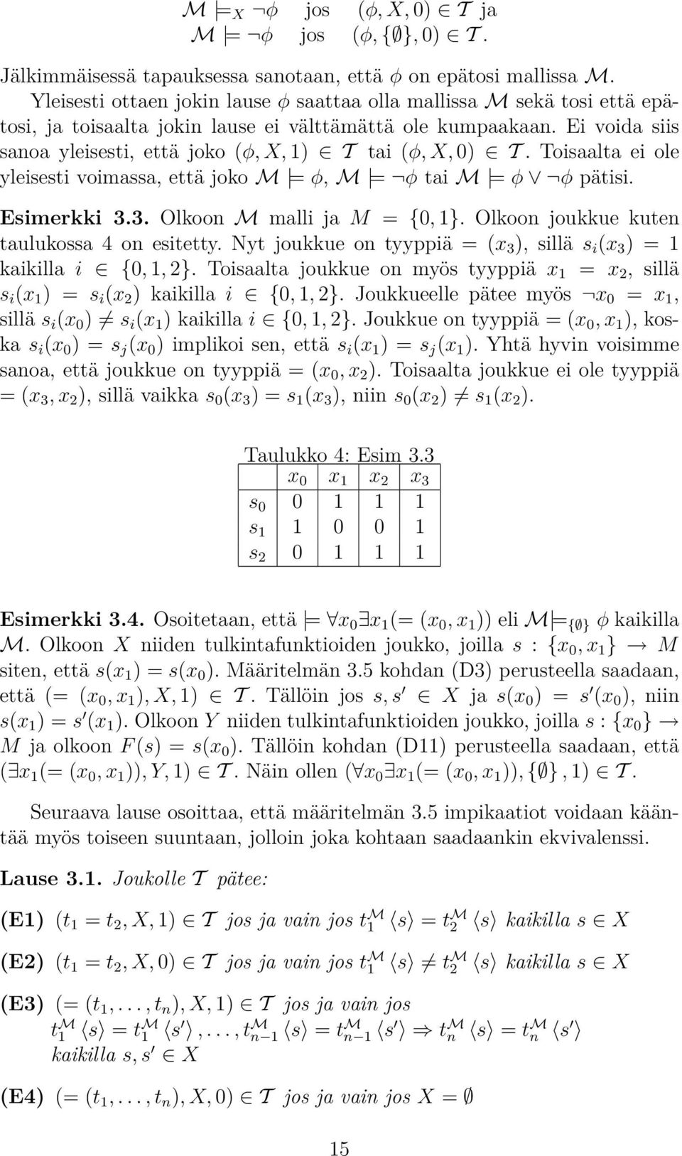 Ei voida siis sanoa yleisesti, että joko (φ, X, 1) T tai (φ, X, 0) T. Toisaalta ei ole yleisesti voimassa, että joko M = φ, M = φ tai M = φ φ pätisi. Esimerkki 3.3. Olkoon M malli ja M = {0, 1}.