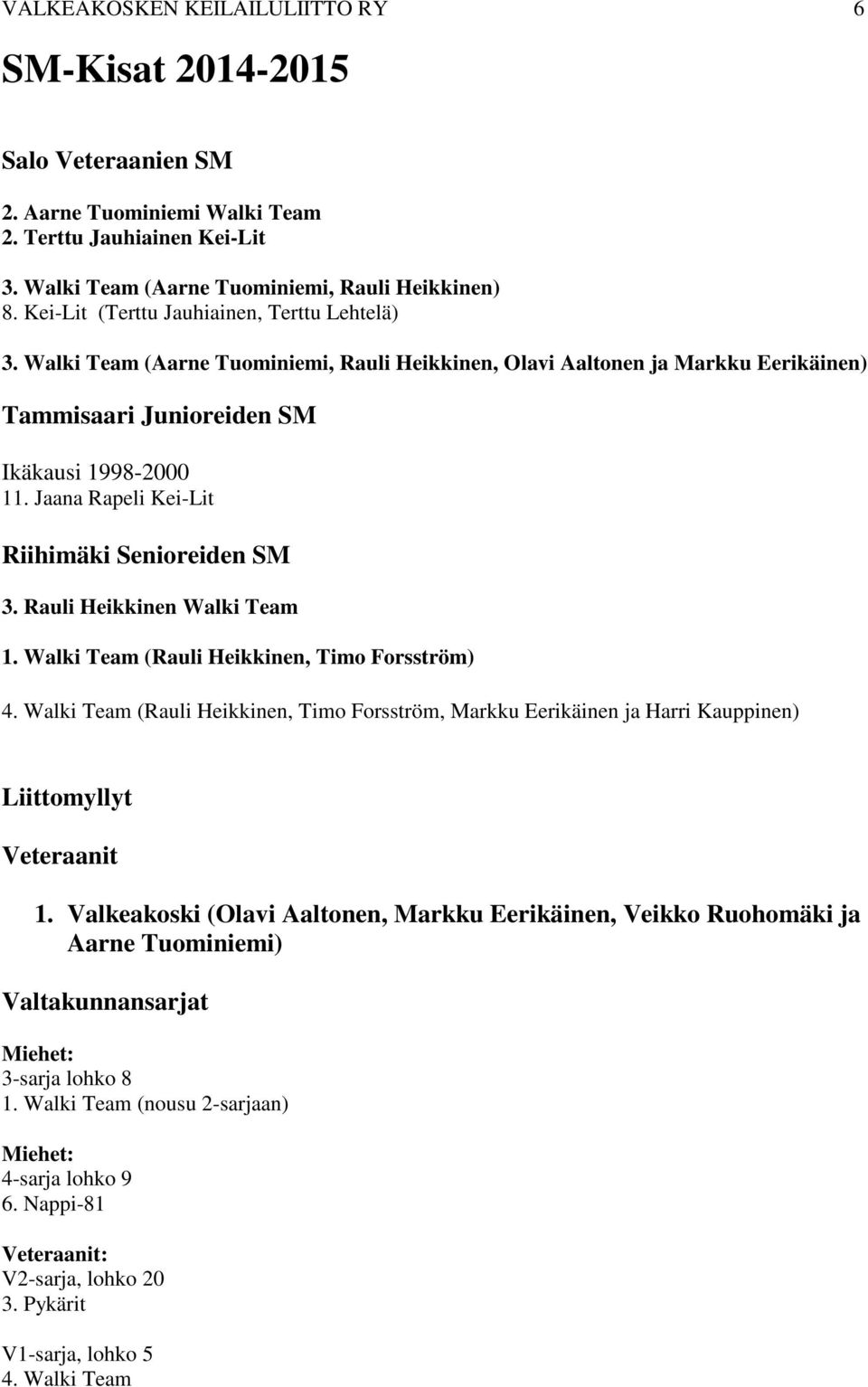Jaana Rapeli Kei-Lit Riihimäki Senioreiden SM 3. Rauli Heikkinen Walki Team 1. Walki Team (Rauli Heikkinen, Timo Forsström) 4.