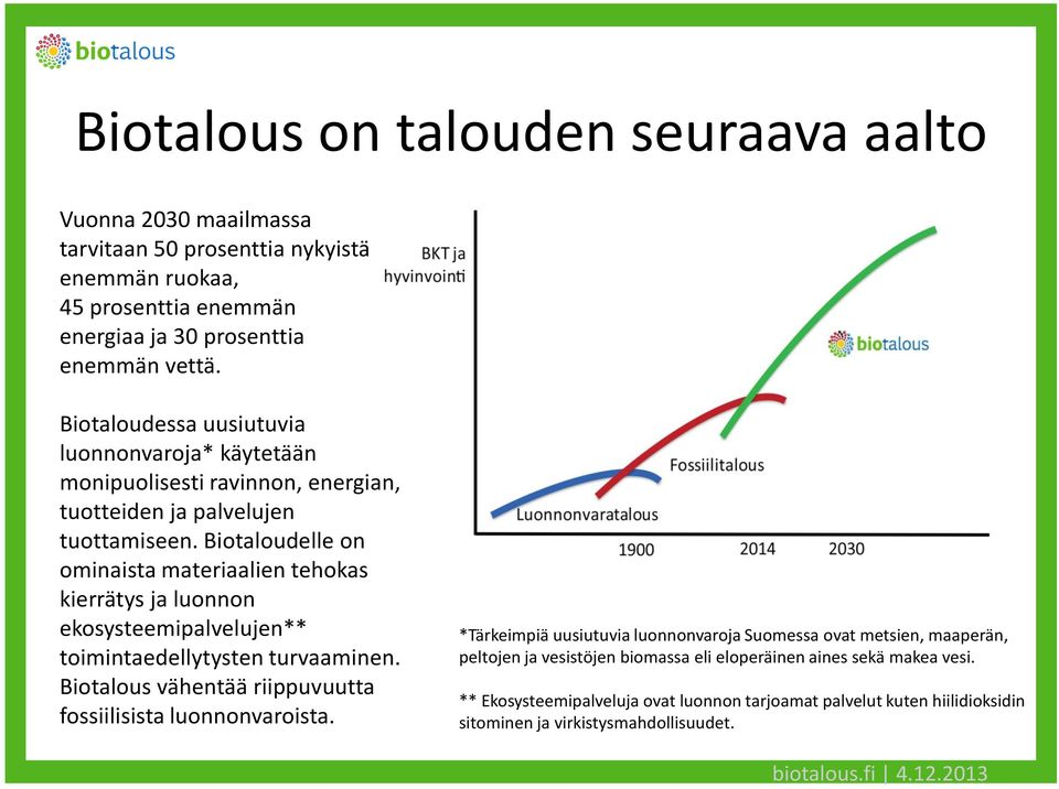 Biotaloudelle on ominaista materiaalien tehokas kierrätys ja luonnon ekosysteemipalvelujen** toimintaedellytysten turvaaminen.