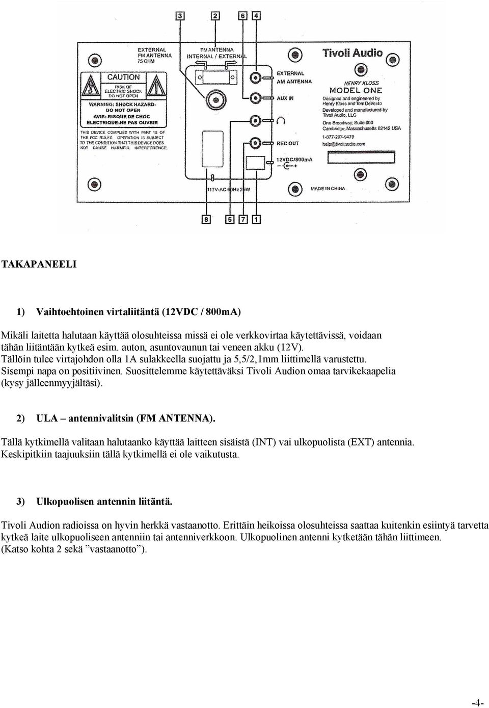 Suosittelemme käytettäväksi Tivoli Audion omaa tarvikekaapelia (kysy jälleenmyyjältäsi). 2) ULA antennivalitsin (FM ANTENNA).