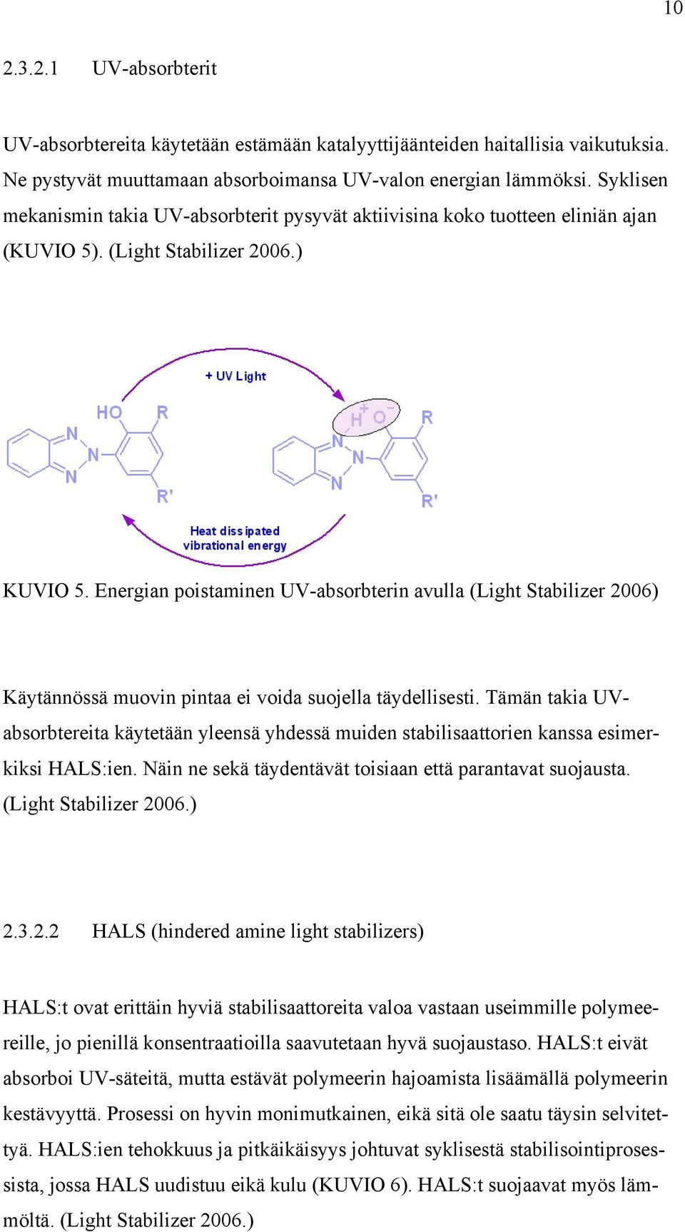 Energian poistaminen UV-absorbterin avulla (Light Stabilizer 2006) Käytännössä muovin pintaa ei voida suojella täydellisesti.