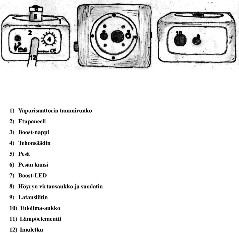 Boost-LED 8) Höyryn virtausaukko ja suodatin 9)