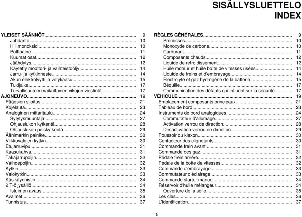 .. 24 Sytytysmuuntaja... 27 Ohjauslukon kytkentä... 28 Ohjauslukon poiskytkentä... 29 Äänimerkin painike... 30 Vilkkuvalojen kytkin... 30 Etujarruvipu... 31 Kaasukahva... 31 Takajarrupoljin.