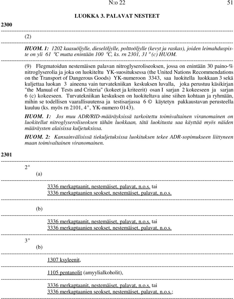 -- (9) Flegmatoidun nestemäisen palavan nitroglyseroliseoksen, jossa on enintään 30 paino-% nitroglyserolia ja joka on luokiteltu YK-suosituksessa (the United Nations Recommendations on the Transport