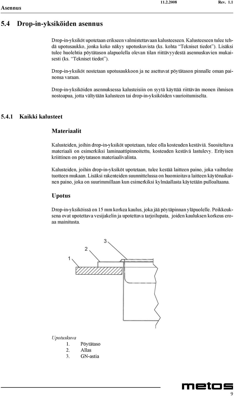 Drop-in-yksiköiden asennuksessa kalusteisiin on syytä käyttää riittävän monen ihmisen nostoapua, jotta vältytään kalusteen tai drop-in-yksiköiden vaurioitumiselta. 5.4.