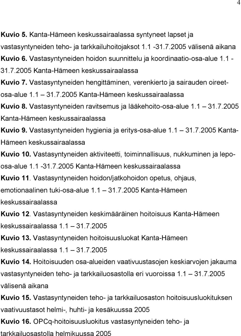 Vastasyntyneiden ravitsemus ja lääkehoito-osa-alue 1.1 31.7.2005 Kanta-Hämeen keskussairaalassa Kuvio 9. Vastasyntyneiden hygienia ja eritys-osa-alue 1.1 31.7.2005 Kanta- Hämeen keskussairaalassa Kuvio 10.