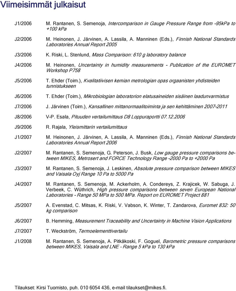 Heinonen, Uncertainty in humidity measurements - Publication of the EUROMET Workshop P758 J5/2006 T. Ehder (Toim.