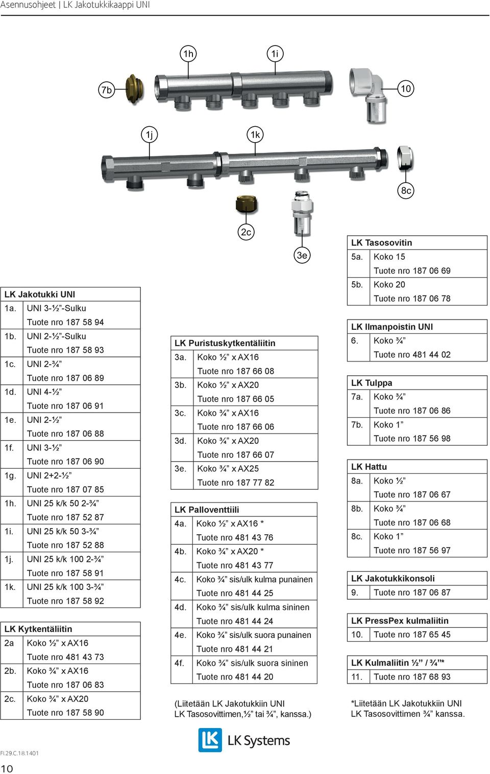 UNI 25 k/k 100 2-¾ Tuote nro 187 58 91 1k. UNI 25 k/k 100 3-¾ Tuote nro 187 58 92 LK Kytkentäliitin 2a Koko ½ x AX16 Tuote nro 481 43 73 2b. Koko ¾ x AX16 Tuote nro 187 06 83 2c.