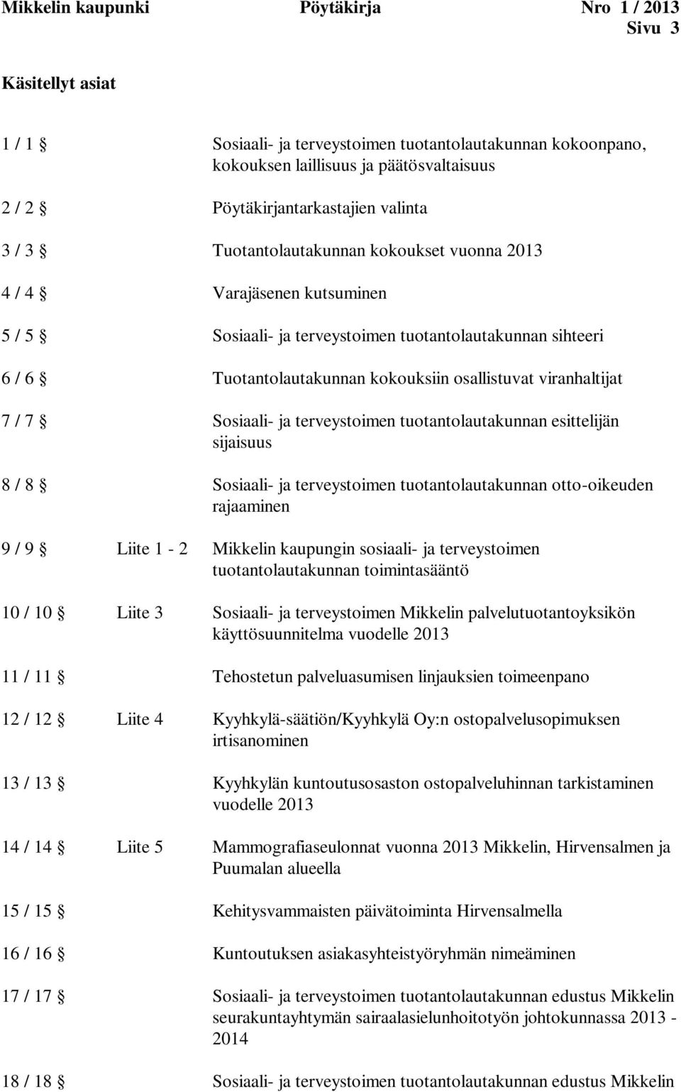 esittelijän sijaisuus 8 / 8 tuotantolautakunnan otto-oikeuden rajaaminen 9 / 9 Liite 1-2 Mikkelin kaupungin sosiaali- ja terveystoimen tuotantolautakunnan toimintasääntö 10 / 10 Liite 3 Mikkelin