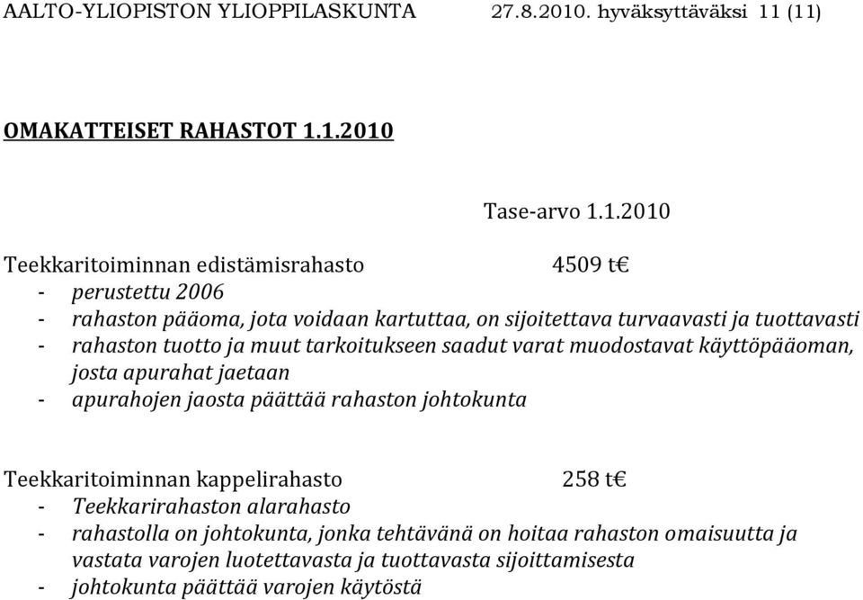 (11) OMAKATTEISET RAHASTOT 1.1.2010 Tase-arvo 1.1.2010 Teekkaritoiminnan edistämisrahasto 4509 t - perustettu 2006 - rahaston pääoma, jota voidaan kartuttaa, on