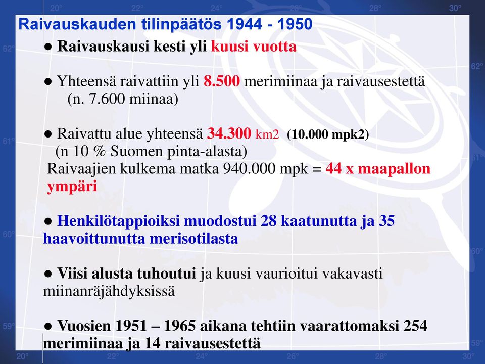 000 mpk2) (n 10 % Suomen pinta-alasta) Raivaajien kulkema matka 940.