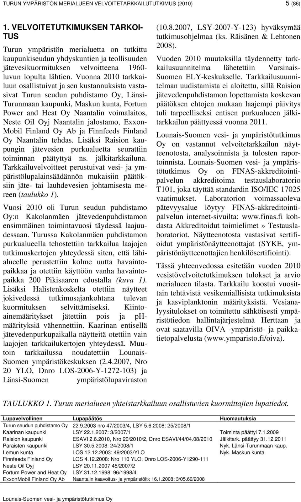 Vuonna 2010 tarkkailuun osallistuivat ja sen kustannuksista vastasivat Turun seudun puhdistamo Oy, Länsi- Turunmaan kaupunki, Maskun kunta, Fortum Power and Heat Oy Naantalin voimalaitos, Neste Oil