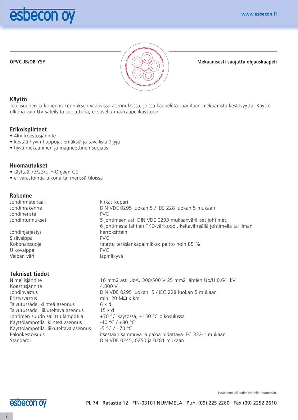 4kV koestusjännite kestää hyvin happoja, emäksiä ja tavallisia öljyjä hyvä mekaaninen ja magneettinen suojaus Huomautukset täyttää 73/23/ETY-Ohjeen CE ei varastointia ulkona tai märissä tiloissa DIN