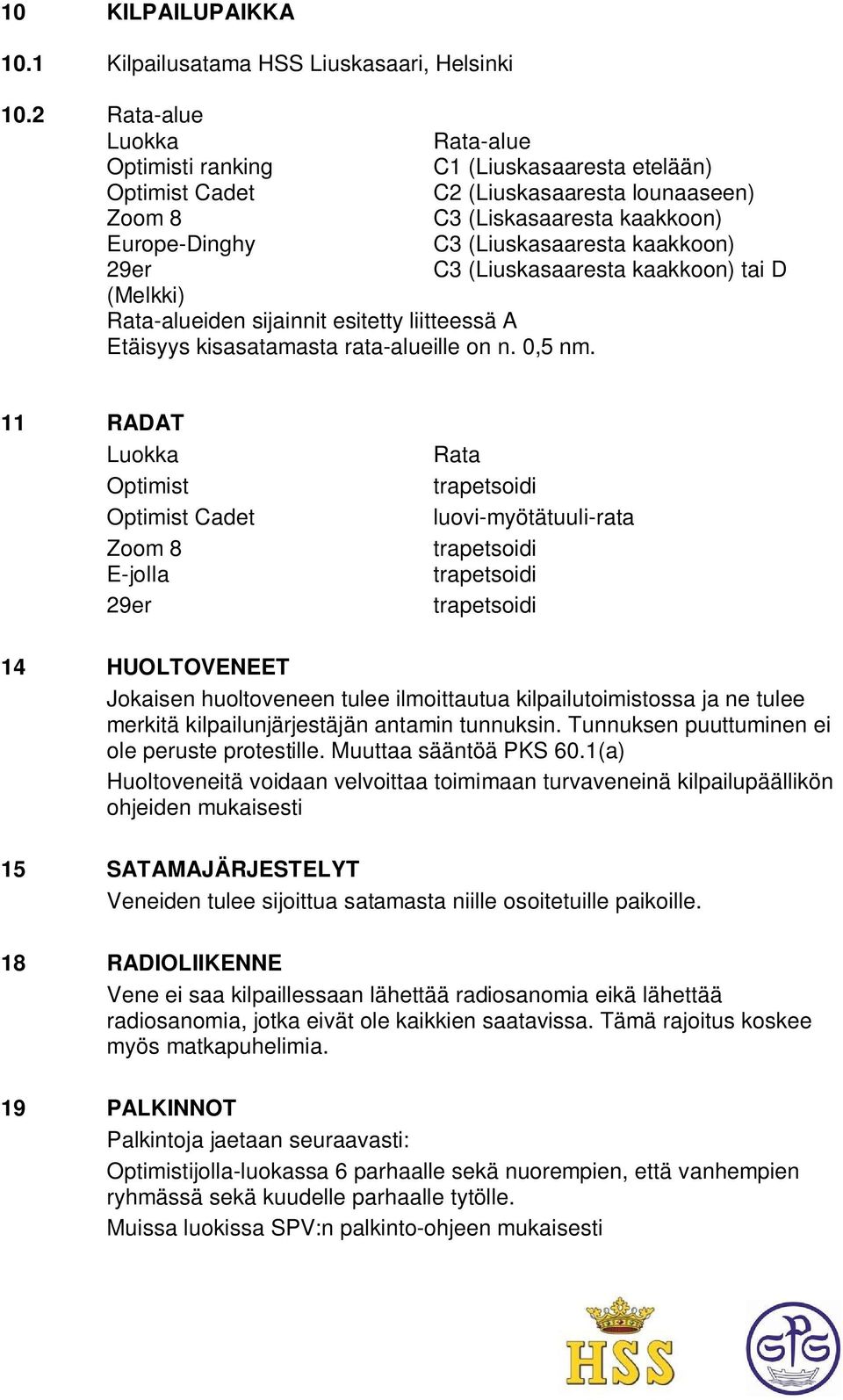 29er C3 (Liuskasaaresta kaakkoon) tai D (Melkki) Rata-alueiden sijainnit esitetty liitteessä A Etäisyys kisasatamasta rata-alueille on n. 0,5 nm.