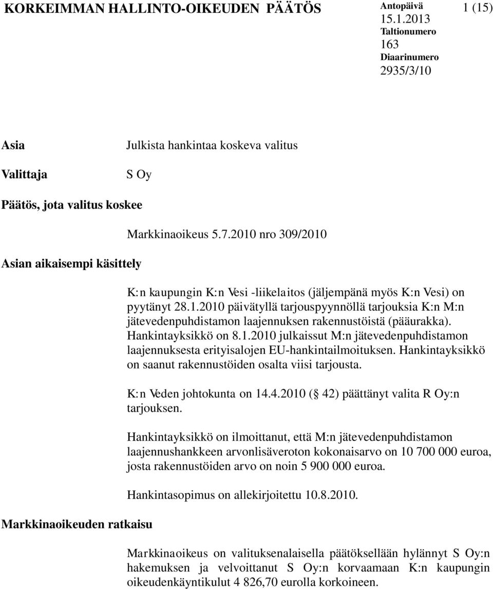 Markkinaoikeus 5.7.2010 nro 309/2010 K:n kaupungin K:n Vesi -liikelaitos (jäljempänä myös K:n Vesi) on pyytänyt 28.1.2010 päivätyllä tarjouspyynnöllä tarjouksia K:n M:n jätevedenpuhdistamon laajennuksen rakennustöistä (pääurakka).