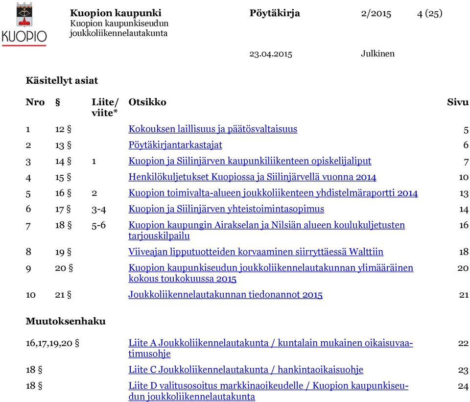 3-4 Kuopion ja Siilinjärven yhteistoimintasopimus 14 7 18 5-6 Kuopion kaupungin Airakselan ja Nilsiän alueen koulukuljetusten tarjouskilpailu 8 19 Viiveajan lipputuotteiden korvaaminen siirryttäessä