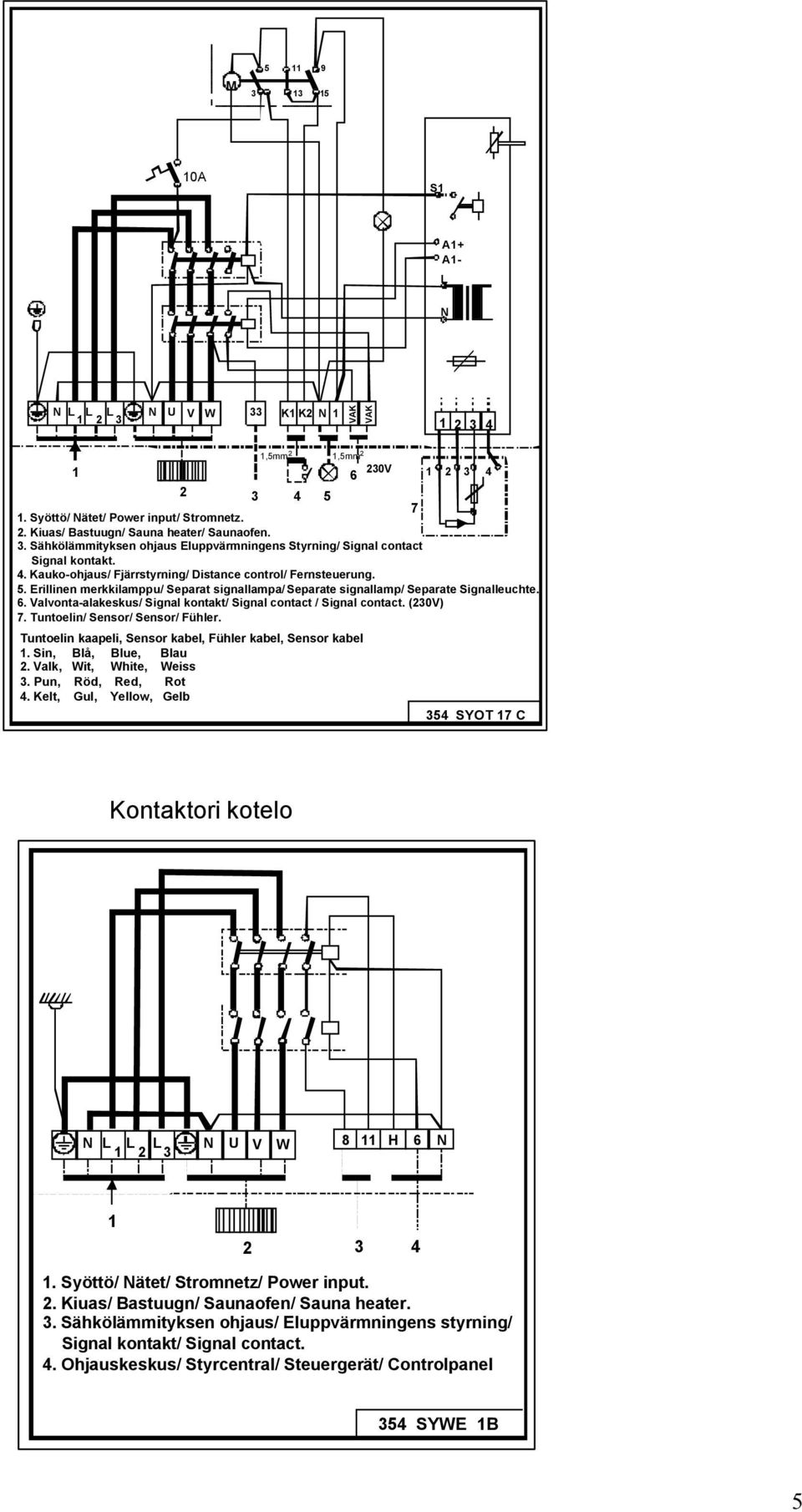 . Erillinen merkkilamppu/ Separat signallampa/ Separate signallamp/ Separate Signalleucte.. Valvonta-alakeskus/ Signal kontakt/ Signal contact / Signal contact. (0V). Tuntoelin/ Sensor/ Sensor/ Füler.