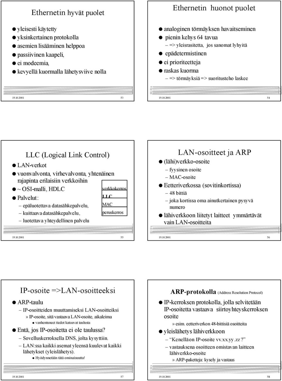 10.2001 54 LLC (Logical Link Control) LAN-verkot vuonvalvonta, virhevalvonta, yhtenäinen rajapinta erilaisiin verkkoihin ~ OSI-malli, HDLC Palvelut: epäluotettava datasähkepalvelu, kuittaava