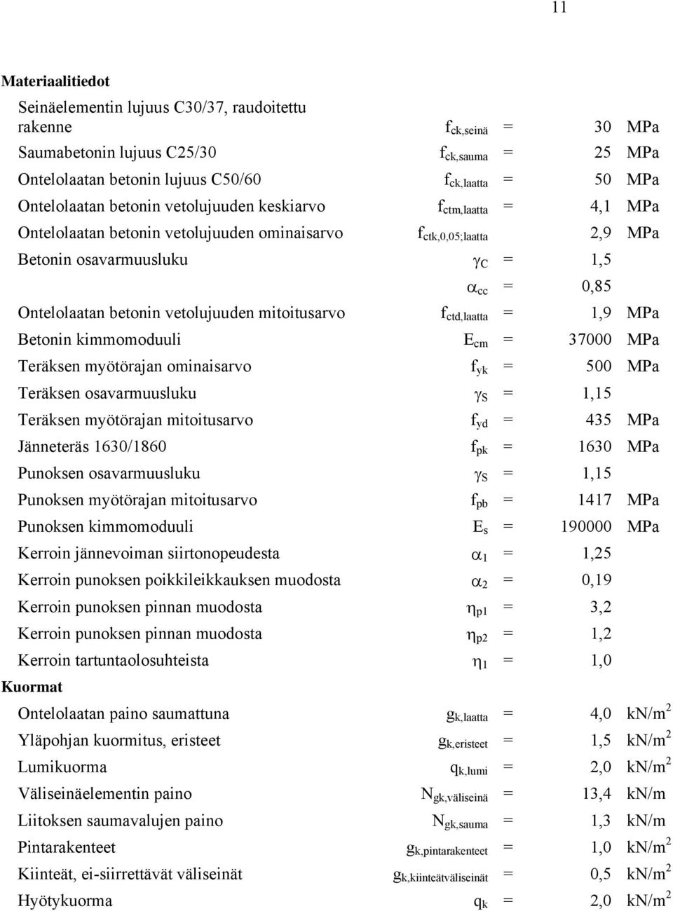 betonin vetolujuuden mitoitusarvo f ctd,laatta = 1,9 MPa Betonin kimmomoduuli E cm = 37000 MPa Teräksen myötörajan ominaisarvo f yk = 500 MPa Teräksen osavarmuusluku γ S = 1,15 Teräksen myötörajan