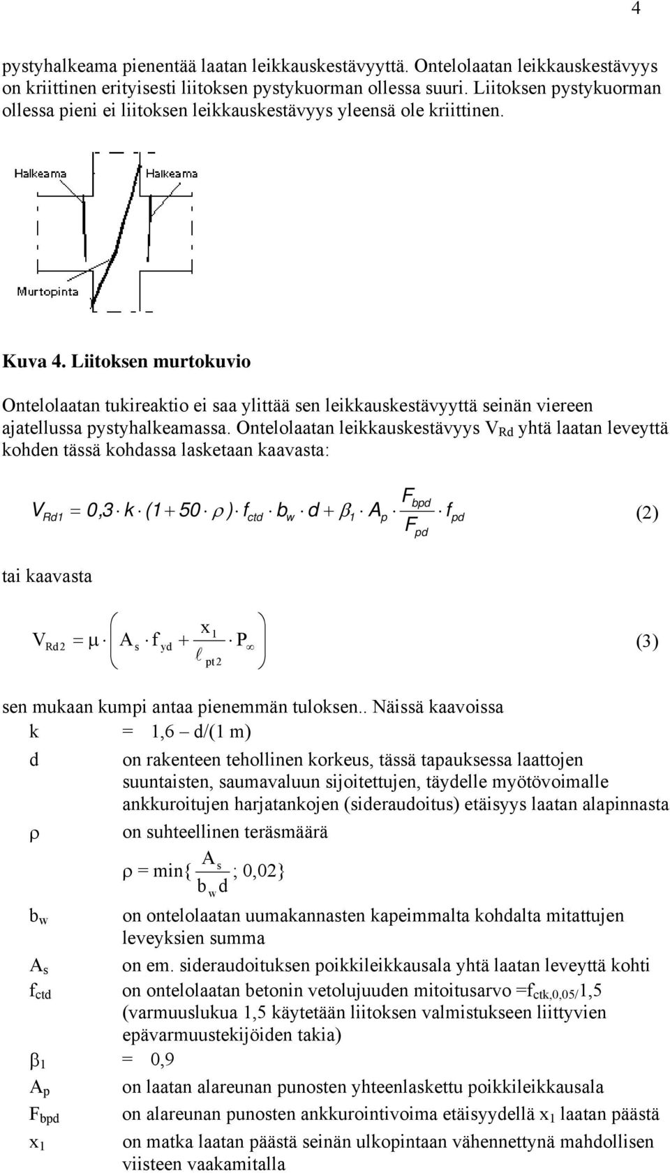 Liitoksen murtokuvio Ontelolaatan tukireaktio ei saa ylittää sen leikkauskestävyyttä seinän viereen ajatellussa pystyhalkeamassa.