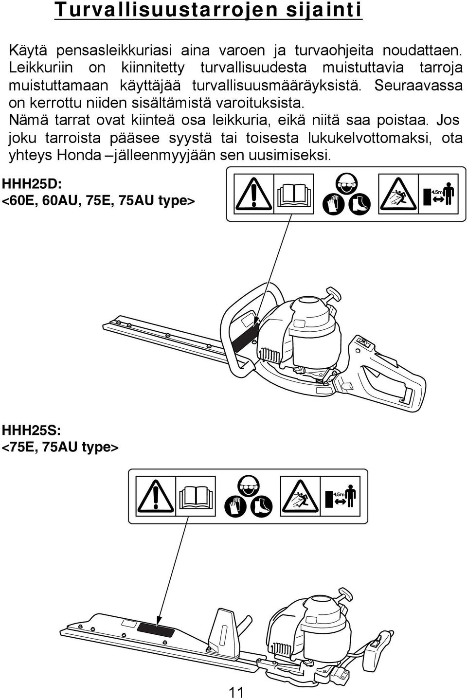 Seuraavassa on kerrottu niiden sisältämistä varoituksista. Nämä tarrat ovat kiinteä osa leikkuria, eikä niitä saa poistaa.