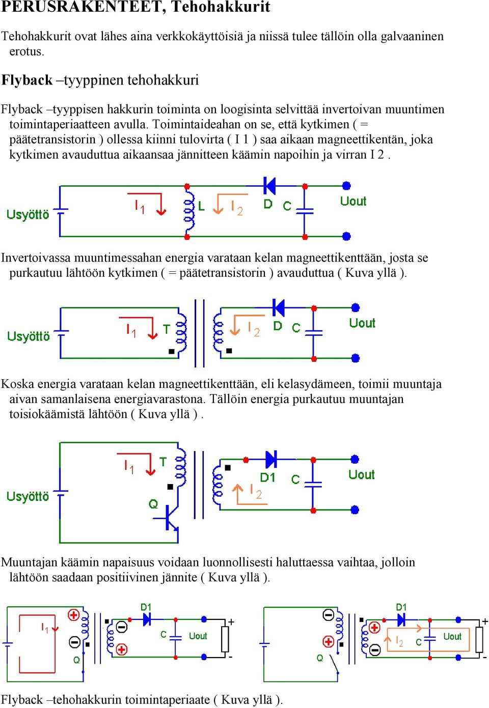 Toimintaideahan on se, että kytkimen ( = päätetransistorin ) ollessa kiinni tulovirta ( I 1 ) saa aikaan magneettikentän, joka kytkimen avauduttua aikaansaa jännitteen käämin napoihin ja virran I.