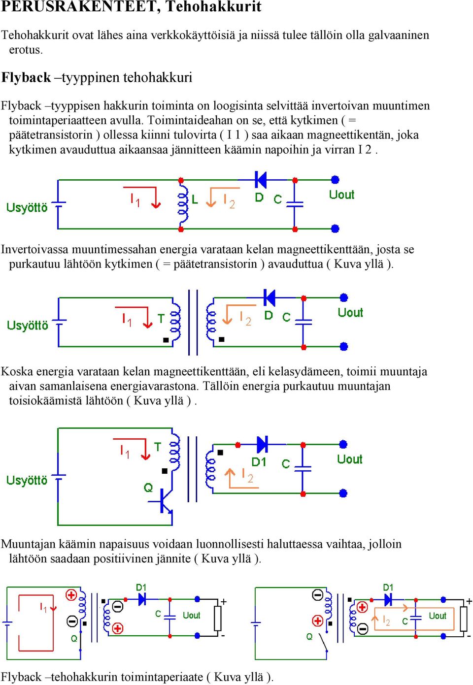 Toimintaideahan on se, että kytkimen ( = päätetransistorin ) ollessa kiinni tulovirta ( I 1 ) saa aikaan magneettikentän, joka kytkimen avauduttua aikaansaa jännitteen käämin napoihin ja virran I.