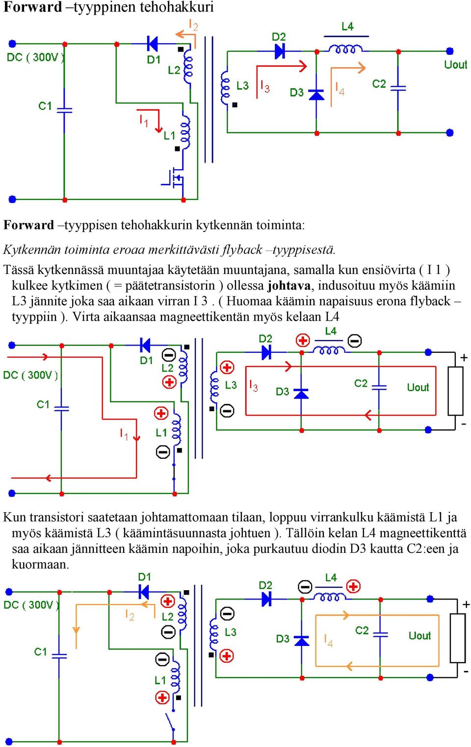 joka saa aikaan virran I 3. ( Huomaa käämin napaisuus erona flyback tyyppiin ).