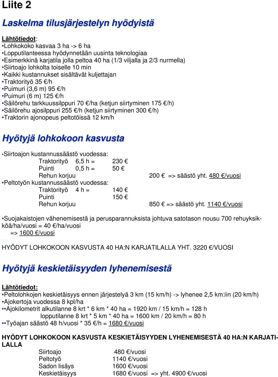 siirtyminen 175 /h) Säilörehu ajosilppuri 255 /h (ketjun siirtyminen 300 /h) Traktorin ajonopeus peltotöissä 12 km/h Hyötyjä lohkokoon kasvusta Siirtoajon kustannussäästö vuodessa: Traktorityö 6,5 h