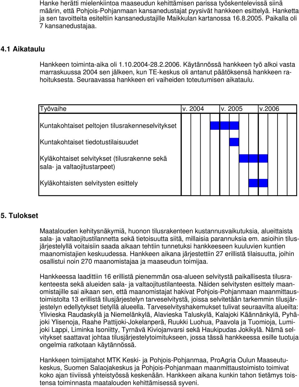 Käytännössä hankkeen työ alkoi vasta marraskuussa 2004 sen jälkeen, kun TE-keskus oli antanut päätöksensä hankkeen rahoituksesta. Seuraavassa hankkeen eri vaiheiden toteutumisen aikataulu.