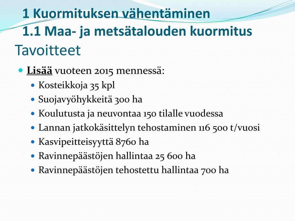 35 kpl Suojavyöhykkeitä 300 ha Koulutusta ja neuvontaa 150 tilalle vuodessa Lannan