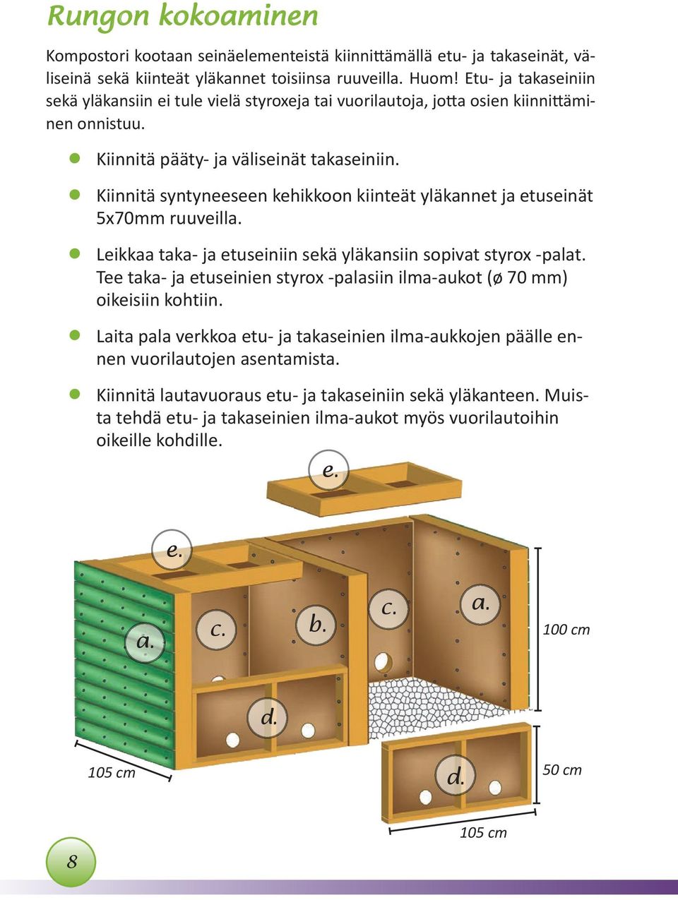 Kiinnitä syntyneeseen kehikkoon kiinteät yläkannet ja etuseinät 5x70mm ruuveilla. Leikkaa taka- ja etuseiniin sekä yläkansiin sopivat styrox -palat.