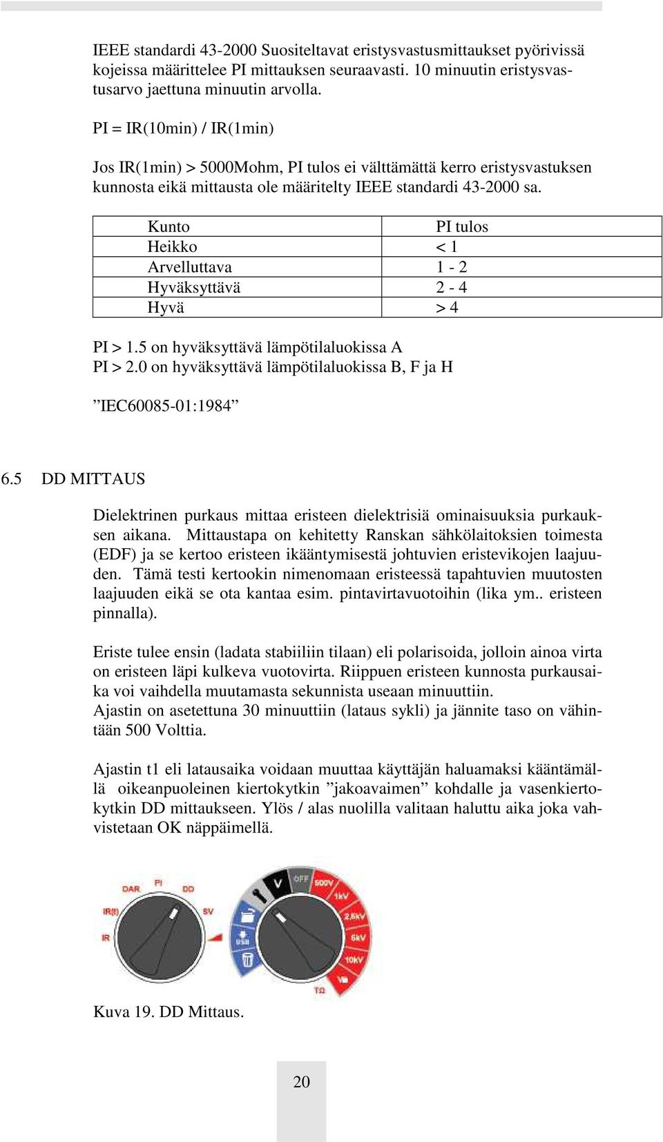 Kunto PI tulos Heikko < 1 Arvelluttava 1-2 Hyväksyttävä 2-4 Hyvä > 4 PI > 1.5 on hyväksyttävä lämpötilaluokissa A PI > 2.0 on hyväksyttävä lämpötilaluokissa B, F ja H IEC60085-01:1984 6.