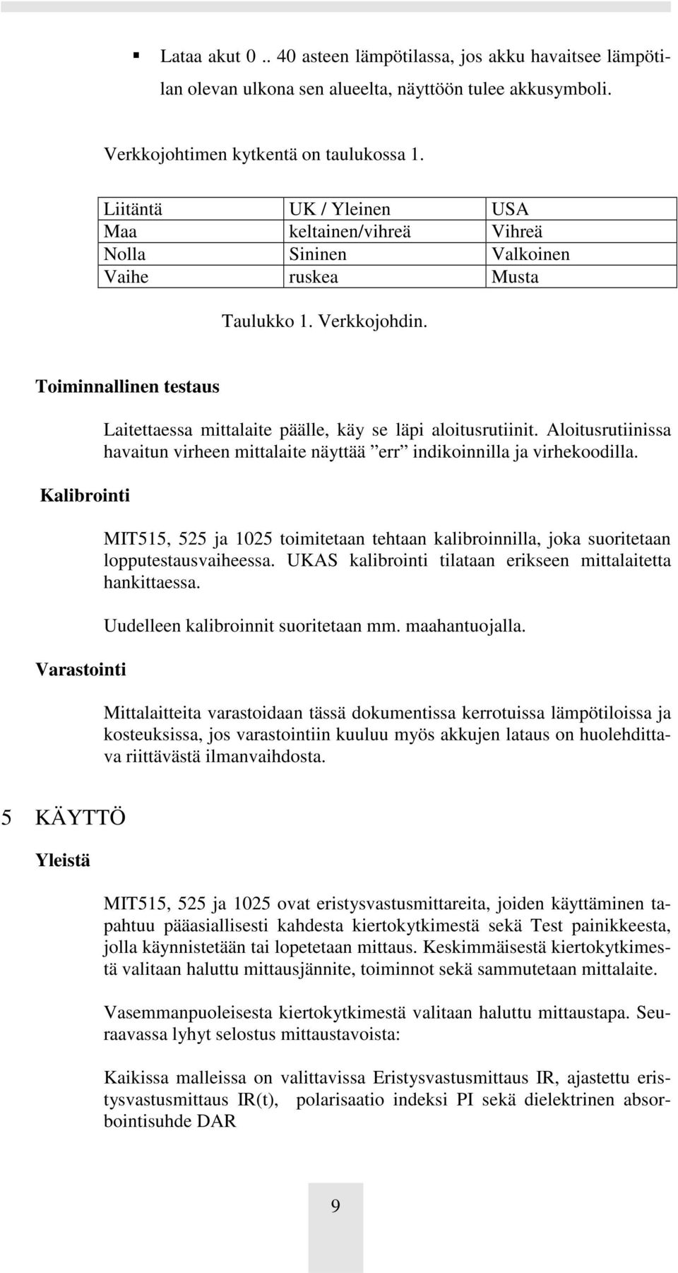 Toiminnallinen testaus Kalibrointi Varastointi Laitettaessa mittalaite päälle, käy se läpi aloitusrutiinit. Aloitusrutiinissa havaitun virheen mittalaite näyttää err indikoinnilla ja virhekoodilla.