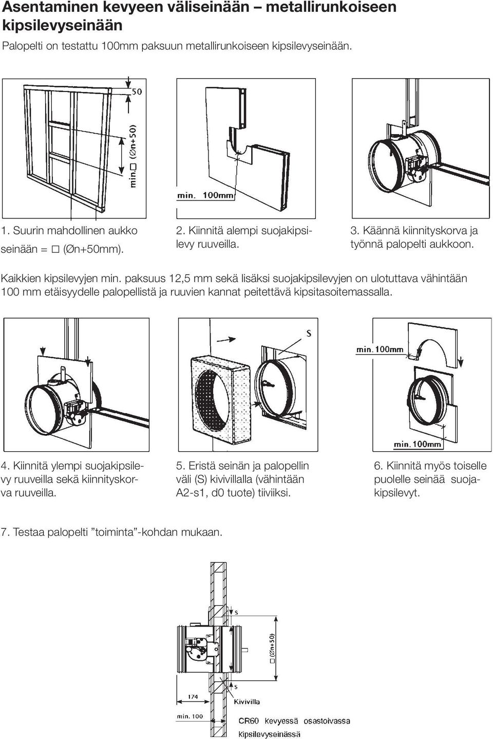 paksuus 12,5 mm sekä lisäksi suojakipsilevyjen on ulotuttava vähintään 100 mm etäisyydelle palopellistä ja ruuvien kannat peitettävä kipsitasoitemassalla. 4.