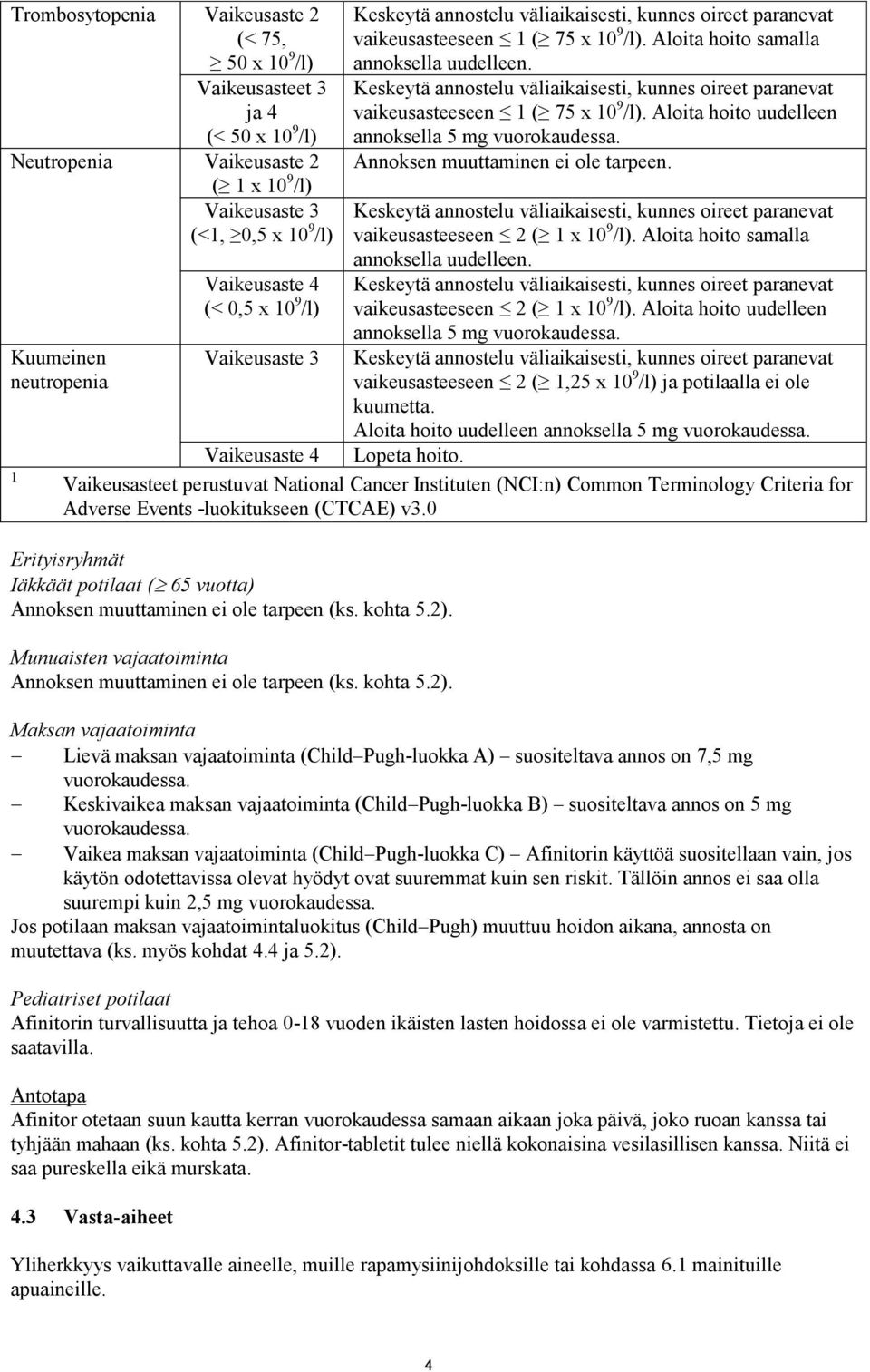 Keskeytä annostelu väliaikaisesti, kunnes oireet paranevat vaikeusasteeseen 1 ( 75 x 10 9 /l). Aloita hoito uudelleen annoksella 5 mg vuorokaudessa. Annoksen muuttaminen ei ole tarpeen.