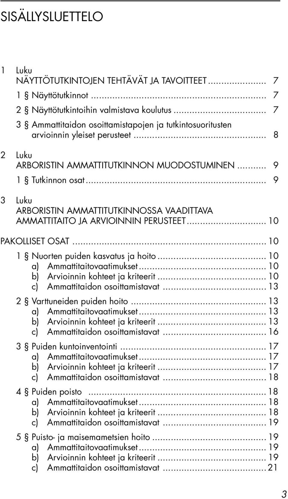 .. 9 3 Luku ARBORISTIN AMMATTITUTKINNOSSA VAADITTAVA AMMATTITAITO JA ARVIOINNIN PERUSTEET... 10 PAKOLLISET OSAT... 10 1 Nuorten puiden kasvatus ja hoito... 10 a) Ammattitaitovaatimukset.