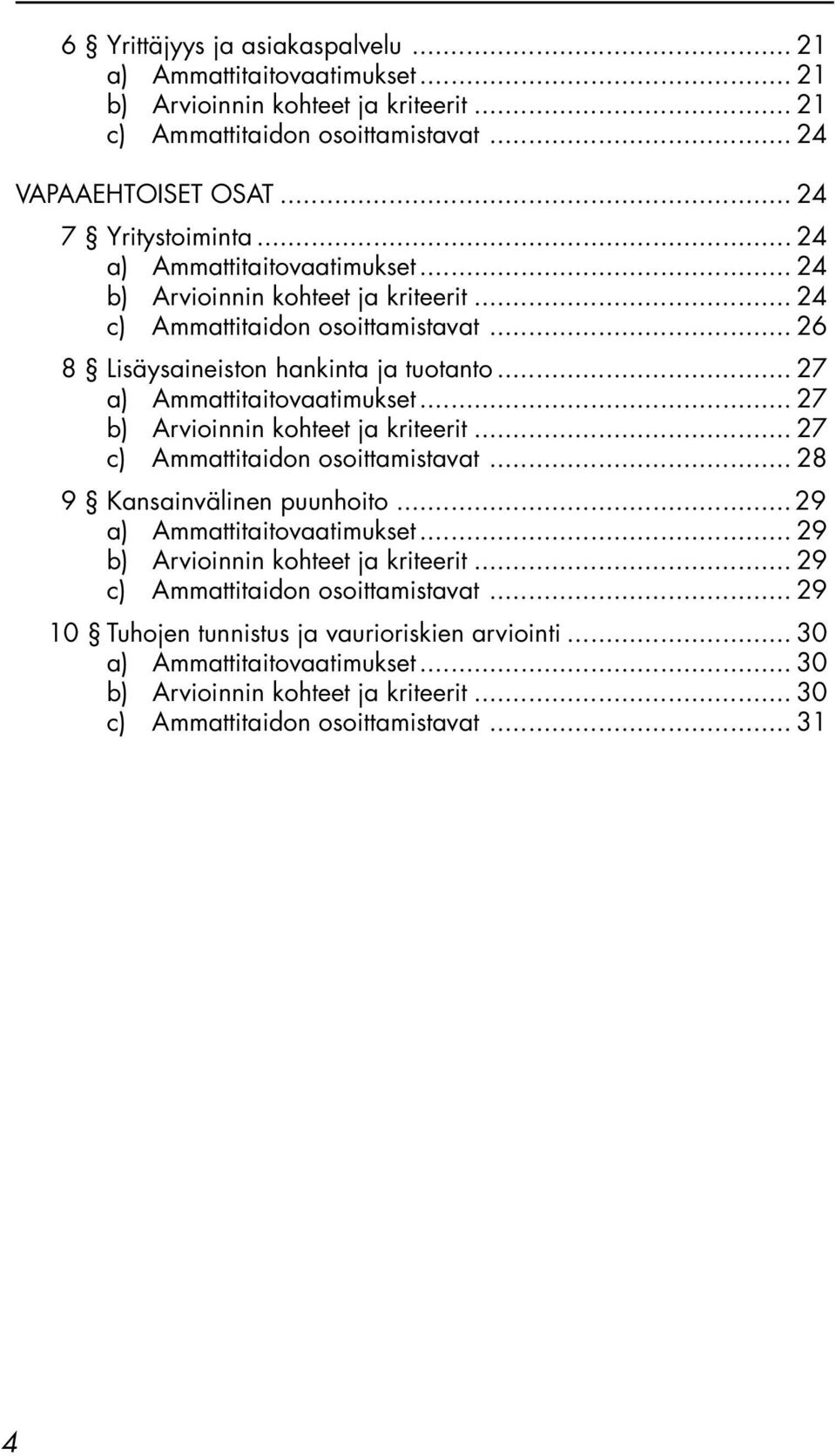 .. 27 b) Arvioinnin kohteet ja kriteerit... 27 c) Ammattitaidon osoittamistavat... 28 9 Kansainvälinen puunhoito... 29 a) Ammattitaitovaatimukset... 29 b) Arvioinnin kohteet ja kriteerit.