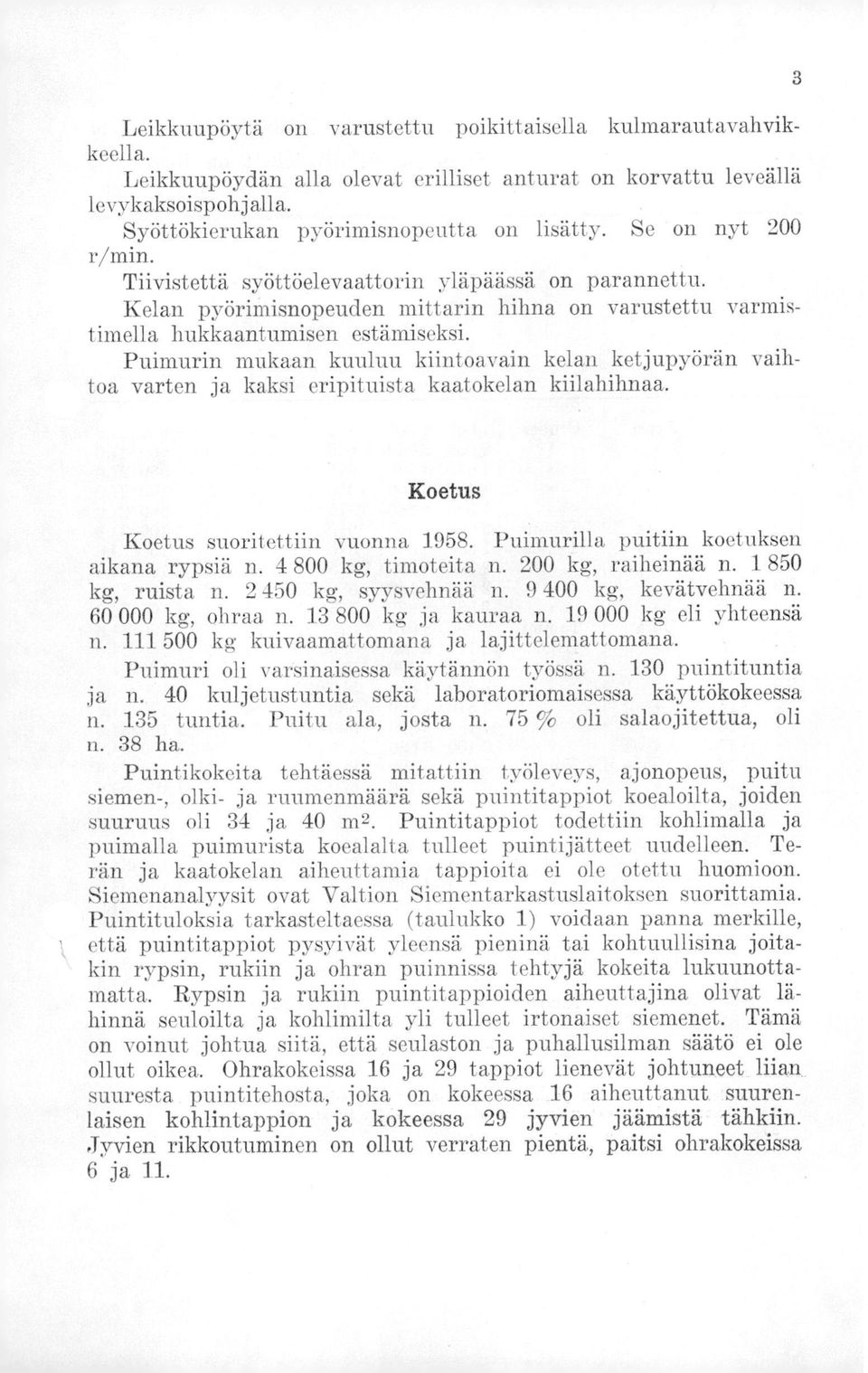 Puimurin mukaan kuuluu kiintoavain kelan ketjupyörän vaihtoa varten ja kaksi eripituista kaatokelan kiilahihnaa. 3 Koetus Koetus suoritettiin vuonna 1958. Puimurilla puitiin koetuksen aikana rypsiä n.