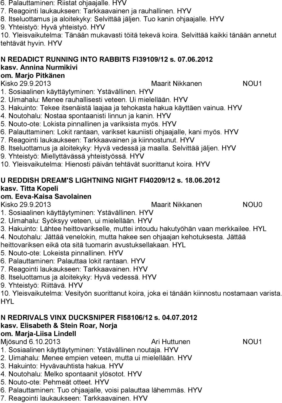 Marjo Pitkänen Kisko 29.9.2013 Maarit Nikkanen NOU1 1. Sosiaalinen käyttäytyminen: Ystävällinen. 2. Uimahalu: Menee rauhallisesti veteen. Ui mielellään. 3.