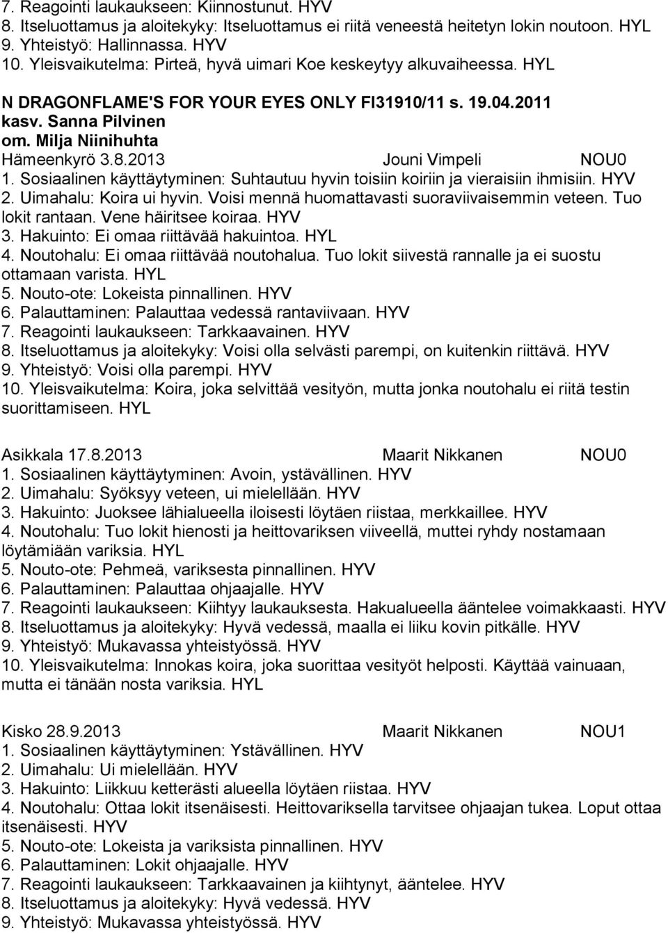 2013 Jouni Vimpeli NOU0 Sosiaalinen käyttäytyminen: Suhtautuu hyvin toisiin koiriin ja vieraisiin ihmisiin. 2. Uimahalu: Koira ui hyvin. Voisi mennä huomattavasti suoraviivaisemmin veteen.