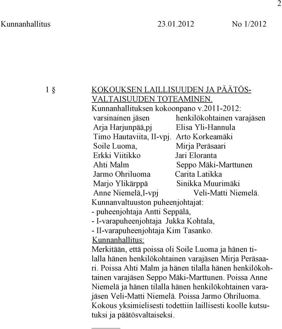 Arto Korkeamäki Soile Luoma, Mirja Peräsaari Erkki Viitikko Jari Eloranta Ahti Malm Seppo Mäki-Marttunen Jarmo Ohriluoma Carita Latikka Marjo Ylikärppä Sinikka Muurimäki Anne Niemelä,I-vpj Veli-Matti