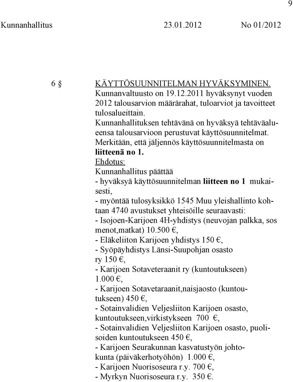 Ehdotus: Kunnanhallitus päättää - hyväksyä käyttösuunnitelman liitteen no 1 mukaisesti, - myöntää tulosyksikkö 1545 Muu yleishallinto kohtaan 4740 avustukset yhteisöille seuraavasti: -